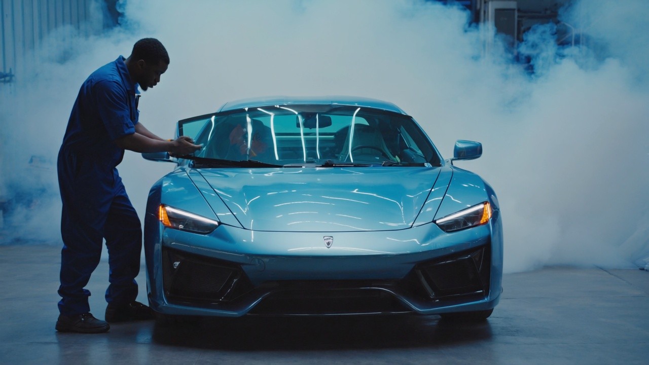 A,Beautiful,Blue,Sports,Car,Getting,A,Windshield,Replaced,Surrounded